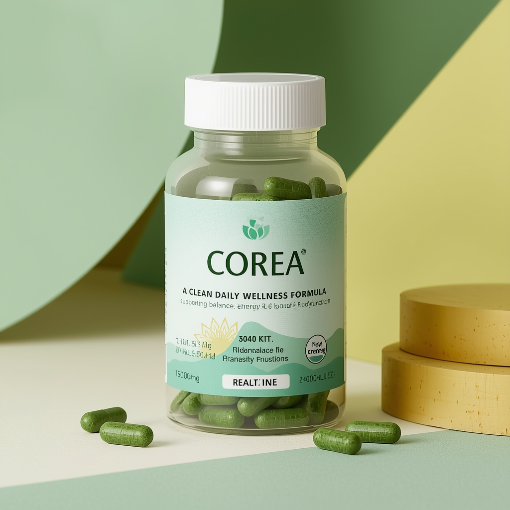Corea supplement bottle with green gradient label